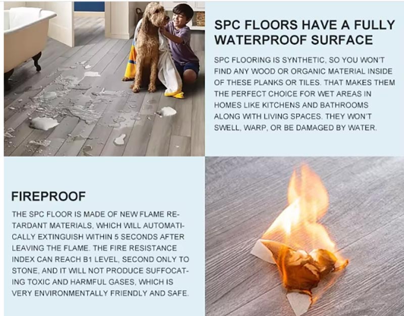 SPC flooring product details — waterproof surface and fire-retardant core