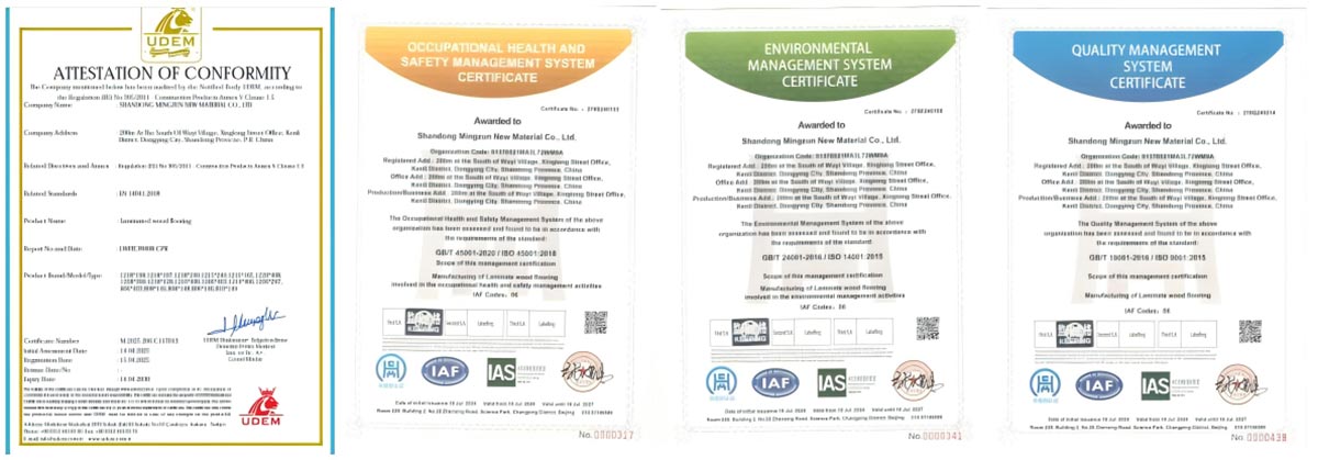 MINGZUN SPC flooring certifications — ISO 9001, ISO 14001, ISO 45001, CE