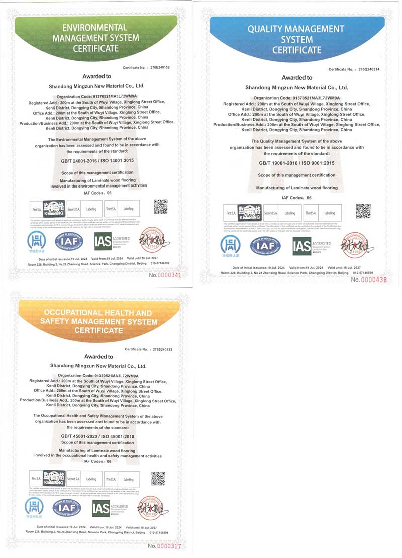 MINGZUN laminate flooring factory certifications