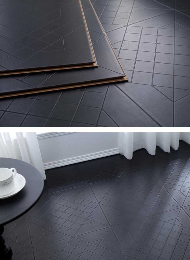 Black geometric laminate flooring installed in a commercial interior