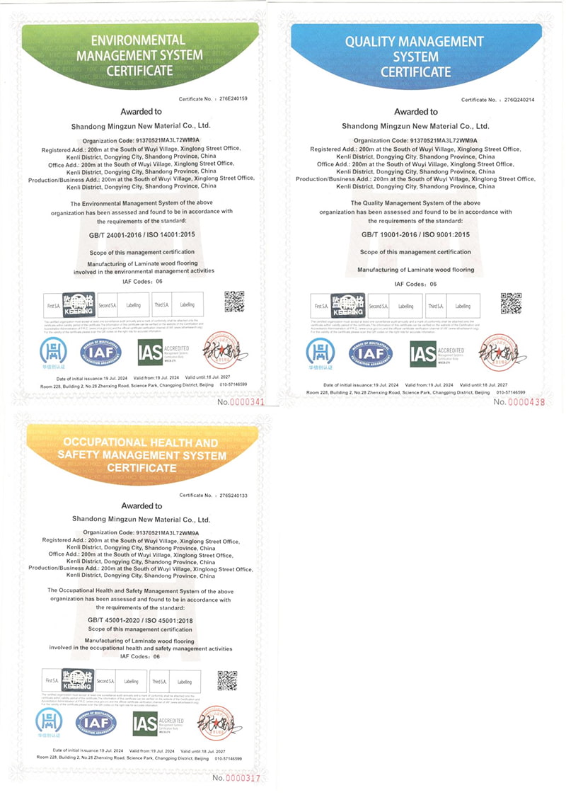 ISO certificates held by Shandong MINGZUN New Materials laminate flooring factory