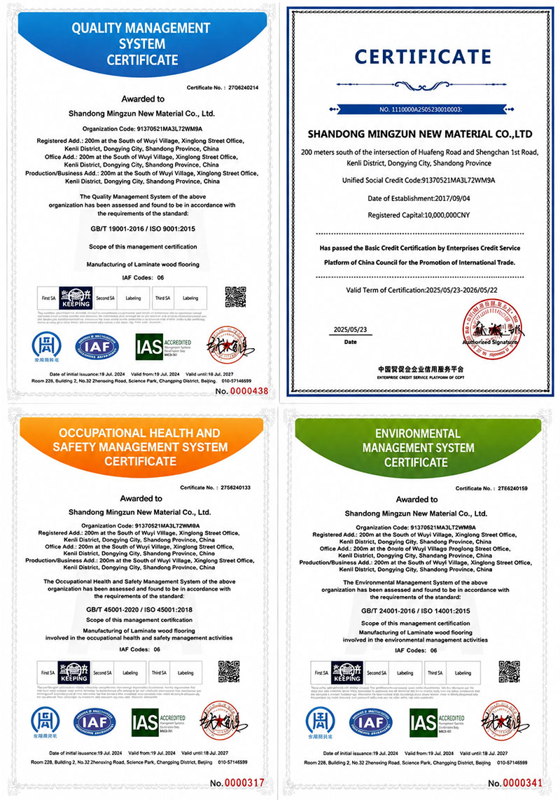 ISO certificates held by Shandong Mingzun New Materials laminate flooring factory