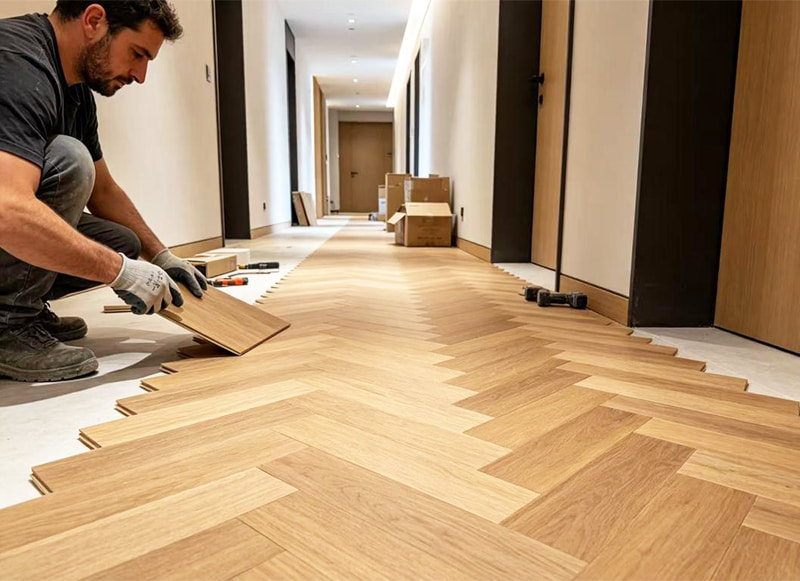 Woven fishbone laminate flooring planks packed in neutral export cartons
